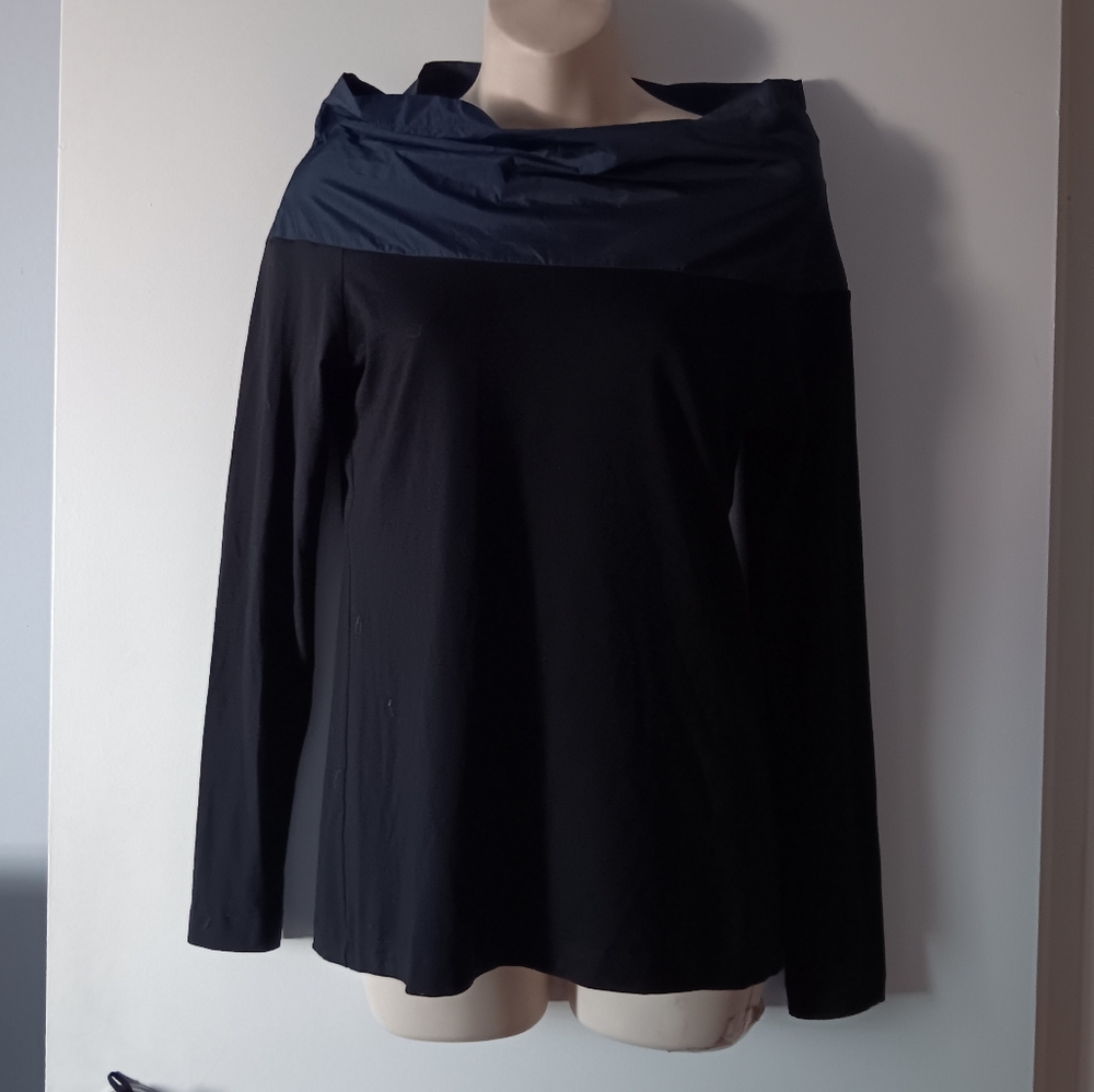 XD XENIA DESIGN Black + Blue Taffeta Pleat Neckline Gufa Blouse S